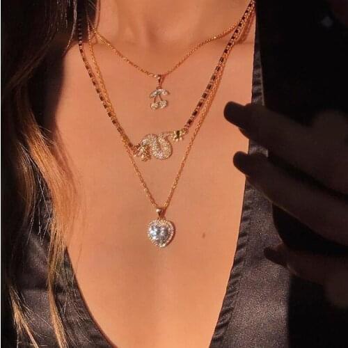 Women Fashion Personality Crystal Dragon Heart Cherry Pendant Necklace Trendy Gold Color Multi-layer Necklace Jewelry Gifts