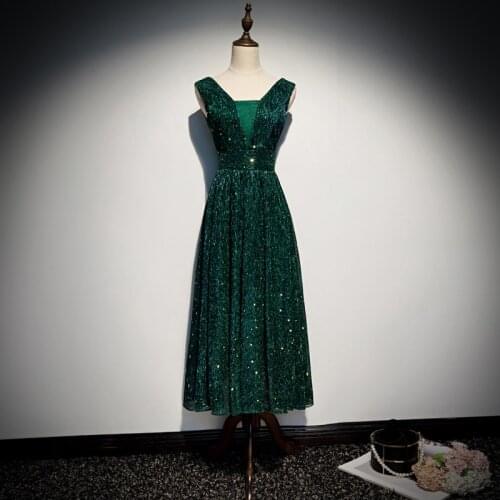 New Sequins Evening Dress Square Collar Simple A-line Ankle-length Empire Sleeveless Plus size Party Formal Dresses Woman R1428