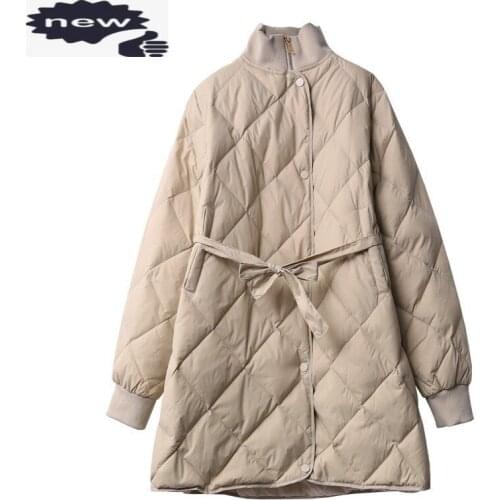 Winter Women Stand Collar Down Jacket Belted Vintage Rhombus Mid Long Outwear Coat Ladies Casual Windbreaker Lightweight Jackets