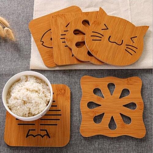 1pc Wood Pad Vintage Cute Cat Fish Cup Pad Hollow Out Wooden Carved Coasters Bowl Pad Tea Coffee Cup Wood Mat 1082A