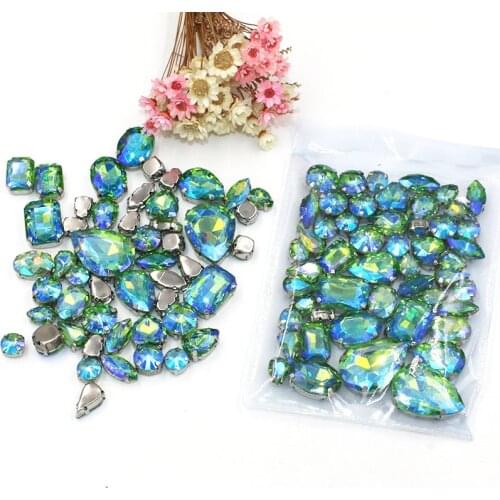 Free shipping 50pcs/bag mixed shape crystal glass rhinestones Green AB faltback sew on rhinestones diy clothing accessories