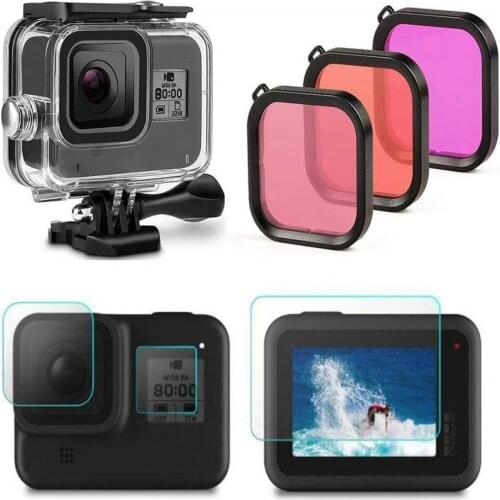 For Gopro Hero 8 7 6 5 Black Waterproof Case Kit Diving Protective Housing Tempered Glass Screen Protectors 3 Filter Accessories
