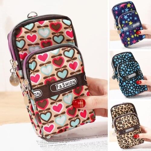 Canvas Coin Purse 3 Zippers Moneybags Cards Key Phone Bags Flower Heart Dots Pattern Lady Wallets Women Pocket Wallet Purses