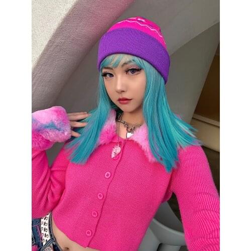 Original Harajuku hot girl knit crop top hairy collar sleeve open stitch sweet soft girl Y2K short cardigan Spring