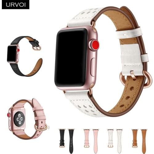 URVOI Leather band for apple watch series 5 4 3 2 1 slim fit strap for iwatch classic rose gold adapter/buckle 40 44mm