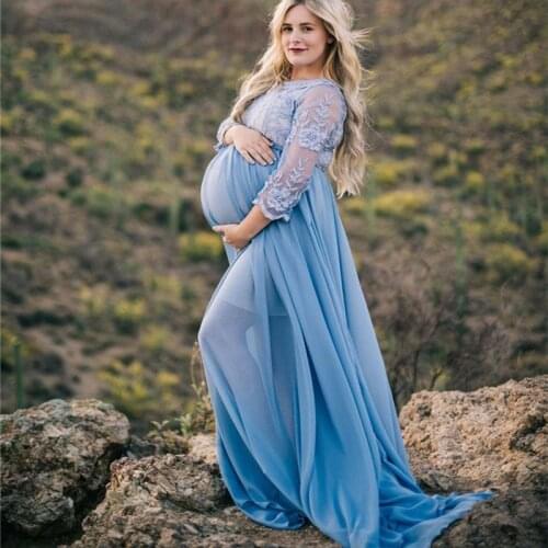 Lace Maternity Maxi Gowns Dresses for Photo Shoot Long Sleeve Chiffon Pregnant Women Baby Shower Pregnancy Dress Photography