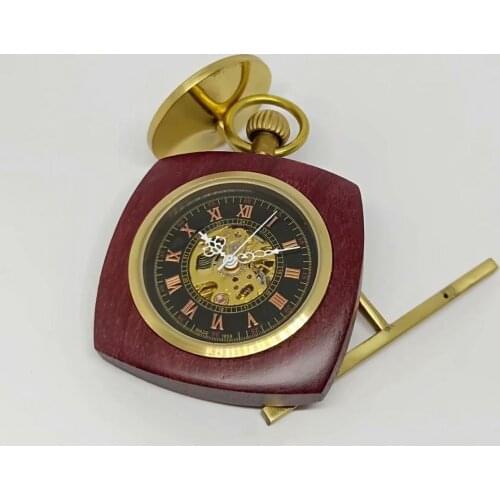 Square Red Wood Case Mechanical Pocket Watches Hand Wind Black Roman Dial Pocket Watch Vintage Gift Watches with Chain