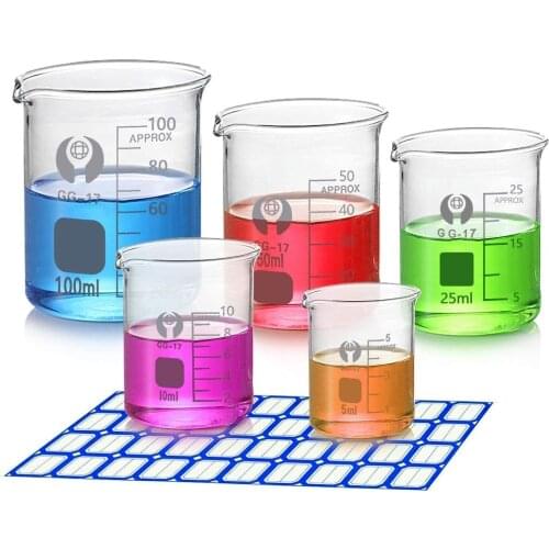 Lab Beaker 5ml 10ml 25ml 50ml 100ml Thick Borosilicate Glass Graduated Measuring Beakers with Label Papers