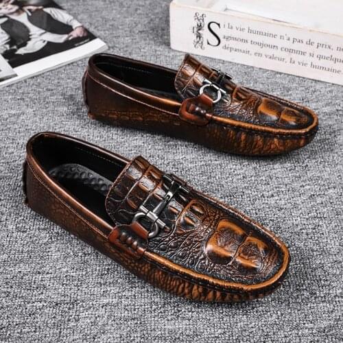 Retro British Mens Loafers Leather Crocodile Mens Boat Shoes Casual Classic Mens Flat Shoes Breathable Mens Driving Shoes