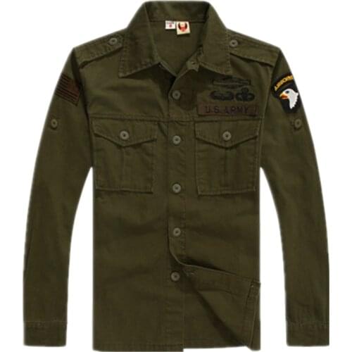 Men Shirts Plus Size 3XL 101 airborne division Long-Sleeved 100% Cotton Clothes Military Camouflage Army Green Black Shirts Tops
