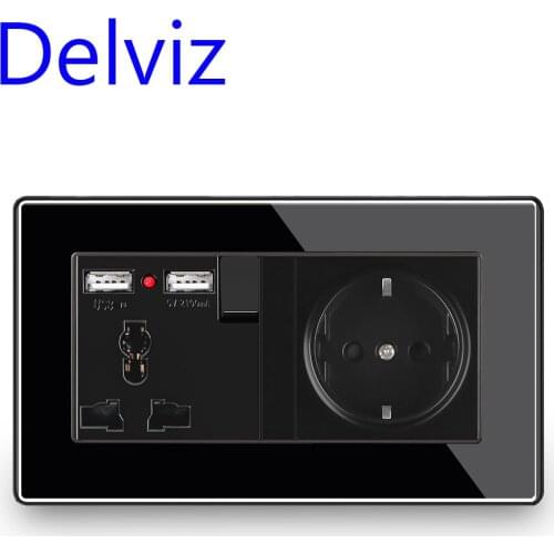 Delviz Wall Universal USB Socket, EU Standard Power Double Outlet 110~250V, UK 2A USB charging hole, Black Acrylic Crystal Panel