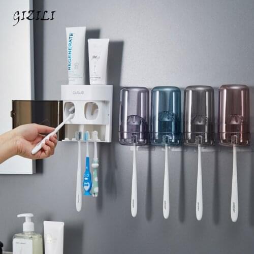 Wall-Mounted Magnetic Bathroom Storage Toothbrush Holder Toothpaste Dispenser Toothpaste Squeezer Dustproof Bathroom Accessories