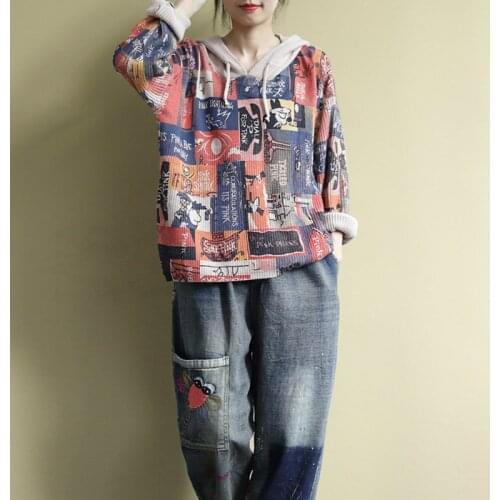 2021 New Retro Autumn Women Patchwork Hoodies Long Sleeve Knitted Sweater Sweatshirts Female Pullover Tops Christmas