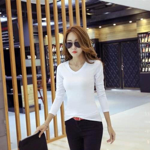 New 2020 spring autumn Korean V-neck long-sleeve T-shirt student girl trendy slim pure color thin base shirt