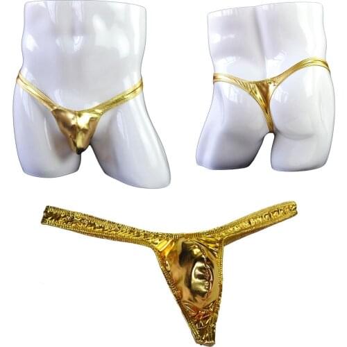 Sexy Men Faux Leather Shiny Gold G-string Low Rise Metallic Bulge Pouch T-back Panties Thongs Underwears Brief Lingerie
