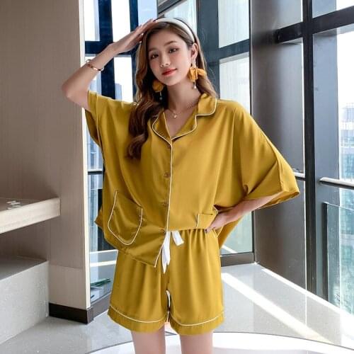 Yellow Ice Silk 2PCS Casual Pajama Sets Womens With Pocket Shirt&Shorts Sleepwear Summer New Nightwear Loose Home Pyjama Wear