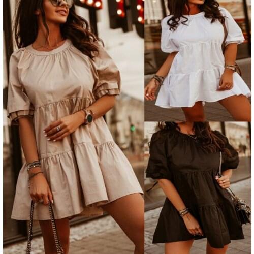 Dresses for women 2021 summer European and American Amazon European and American new round neck bubble sleeve hem layered dress