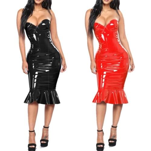 Plus Size S-6XL Sexy PVC Leather Erotic Club Dress Women Wetlook Sleeveless Hot Latex Clubwear Ruffles Catsuit Shiny Party Dress