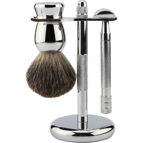 Luxury Safety Razor Shaving Kit Double Edge Razor&10 Blades,100% Pure Badger Shaving Brush,Bright Silver Stainless Steel Stand