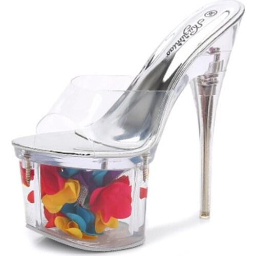 Cool slippers 17 cm thin heel, model walking pole dancing shoes, nightclub transparent waterproof platform female slippers