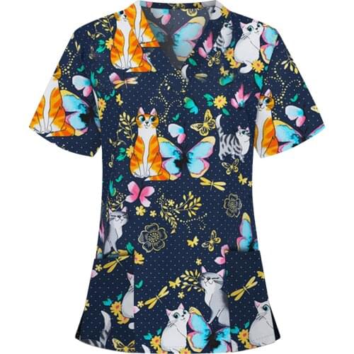 Butterfly Print Nurse Uniform Women Animal Print Casual Short Sleeve V-neck Carer Top Nurse Accessories Uniforme Enfermera