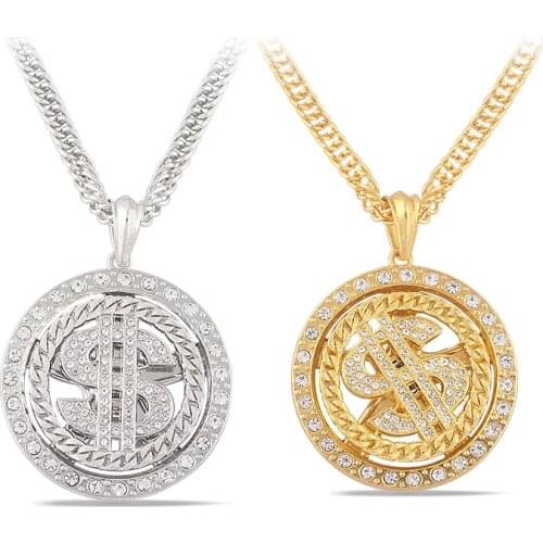 Rotatable US Dollar Sign Pendant Necklace Old School Hip Hop Punk Luxury Long Chain Necklace for Women Men Jewelry