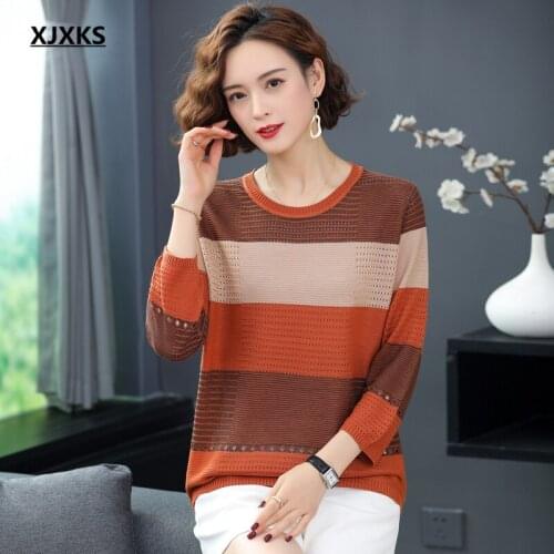 XJXKS Loose plus size round neck three-quarter sleeve women thin sweater 2021 spring autumn new high-quality women wool sweater