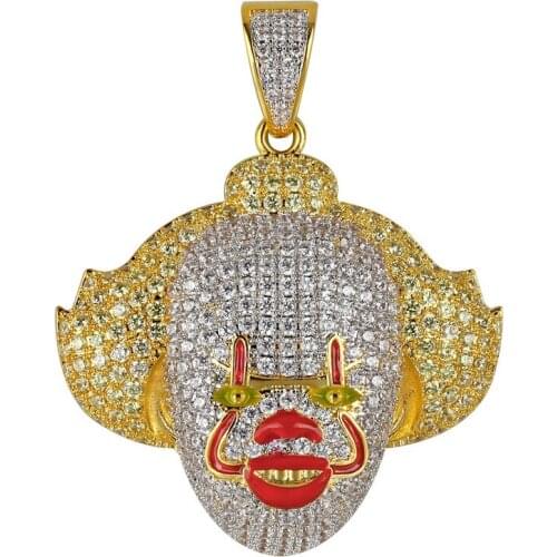 OMYFUN Funny Cartoon Clown Face Pendant Two Tone Color Men Accessory Bling Pendants Necklaces Mens Full Zircon Hip Hop Jewelry