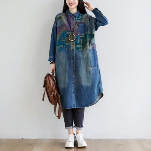 Women Loose Printed Loose Patchwork Long Blouse Ladies Vintage Denim Shirt Tops Female 2020 Autumn Spring Blouses