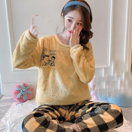 Women Coral Velvet Pajamas Sleepwear Set Long Sleeve Flannel Lace Pijamas Mujer Homewear Girls 2pcs Night Clothes Pyjamas Women