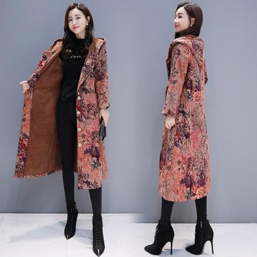 Large size women windbreaker coat Vintage printed cotton and velvet padded hooded long coats Autumn Winter fashion trench coats