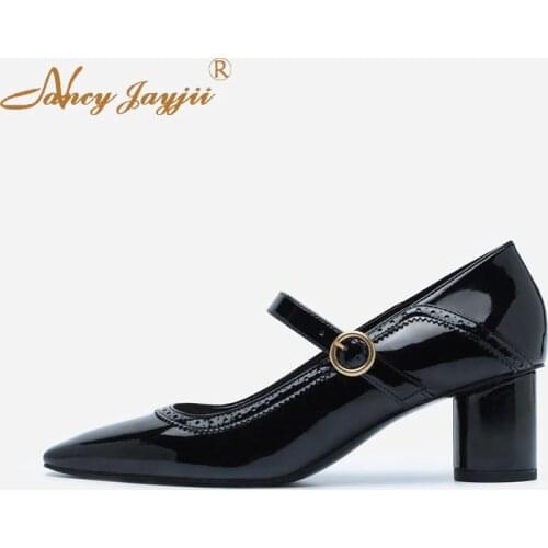 2019 Spring and autumn high heels solid color leather buckle square heel shoes fashion large size can be customized