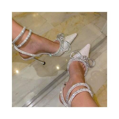 Runway style Glitter Rhinestones Women Pumps Crystal bowknot Satin Summer Lady Shoes Genuine leather High heels Party Prom Shoes