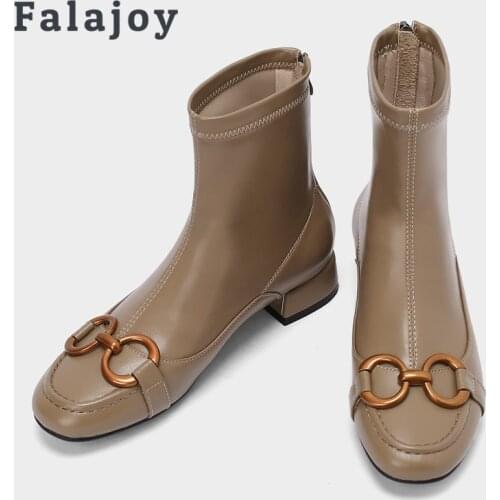 Falajoy Flat Booties Woman Genuine Leather Zip Chain Luxury Design Black Ankle Boots Womens Shoes Comfort Plus Size 9.5 43