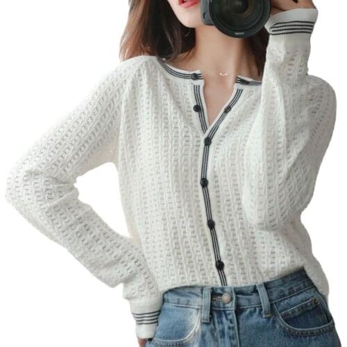 Autumn Hollow Out Eyelet Striped Women Single Breasted Cardigan 2021 Long Sleeve V-Neck White Knit Clothes Spring Loose Sweaters