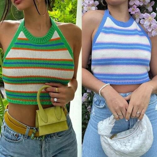 Women Summer Knitted Halter Crop Top Sexy Backless Contrast Color Striped Camisole Harajuku Boho Slim Fit Sleeveless Mini Vest B