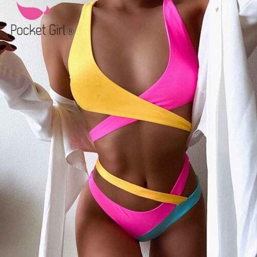 Pocket Girl Tankinis 2020 Mujer Solid Bikini Patckwork Cross Striped String Strap Tankini Push Up Deep V De Bain Femme Tankini