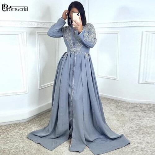 Robes De Soirée 2021 Arabic A-Line Long Sleeve Formal Dress Blue Lace Beaded Moroccan Caftan Muslim Evening Gowns for Women
