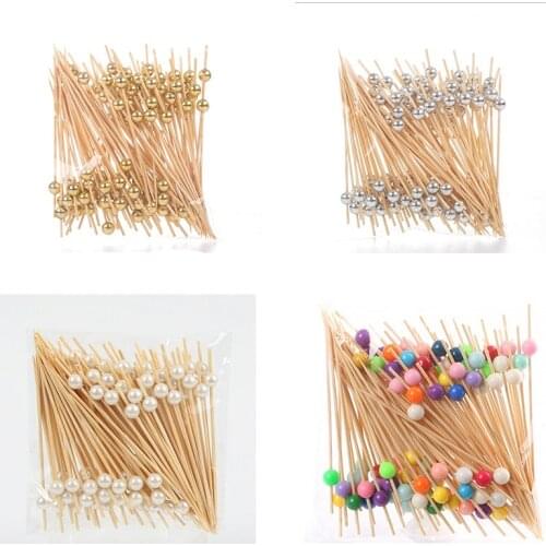 100PCS Gold Beads Bamboo Fruit Sticks For Kids Cocktail Decoration Picks Salad Sandwich Buffet Toothpicks Wedding Party Supply