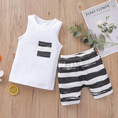 2021 Boys Vest and Shorts Suit Fashion Casual Pocket Tops and Stripe Short Pants/Solid Color Tops and Printed Short Pants