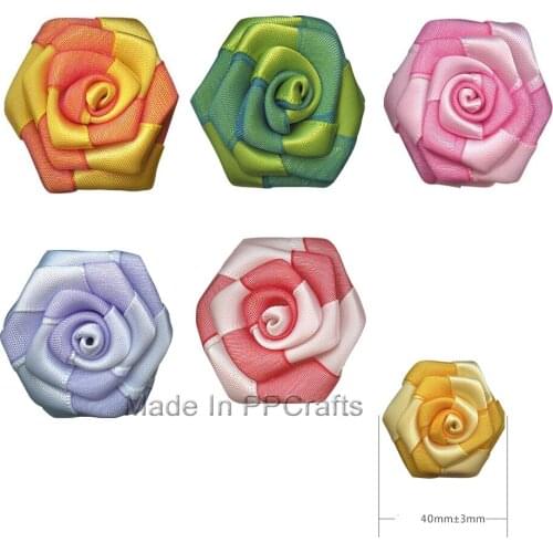40MM Two Colors Satin/ Organza Ribbon 6 Angles Rose Flower For Cloth Wedding Hairbow DIY Crafts Toy 100pcs Free Shipping