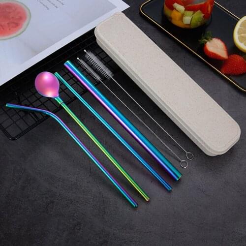 7pcs/lot Drinking Straws Pipet Spoon cocktail straw Drinking straw bag with cleaner 304 Stainless Steel Reusable straw