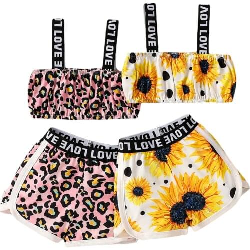 FOCUSNORM Summer Infant Baby Girls Clothes Sets 2pcs Leopard/Sunflowers Printed Sleeveless Vest Tops Shorts 0-4Y