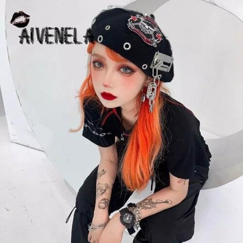 Harajuku Japanese Fashion Black Rock Gothic Punk Girl Berets Hat Woman Casual Caps Chain Rivet Hats AFC898