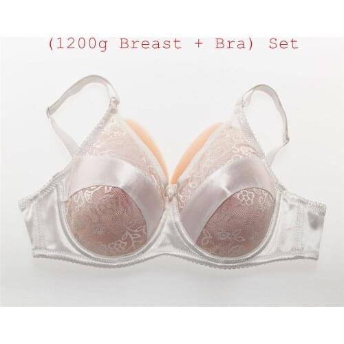 Perfect Crossdresser Boobs Bra Set 1200g/pair Classic Teardrop Silicone Breast Form+Beautiful Lace Satin Pocket Bra