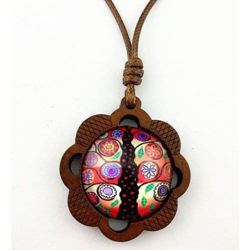 Jiangzimei 24pcs New Design Hollow flowers Wood Necklace with Life Tree Glass Cabochon Pendant with Adjustable length wax line