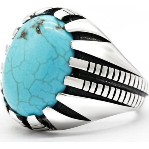 Turquoise Ring for Men 925 Sterling Silver Vintage Blue Natural Gem Stone Mens Rings Turkish Handmade Punk Jewelry Party Gift
