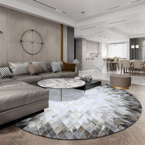 Natural Cowhide Leather Round Carpets for Living Room Modern Coffee Table Mat Bedroom Round Cow Leather Rug Study Chair Mat