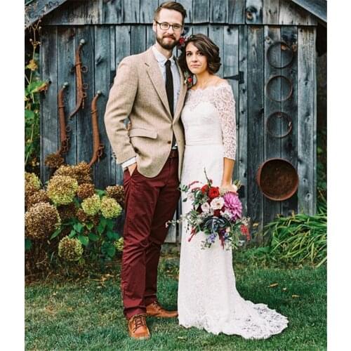 Off Shoulder Lace Wedding Dresses Mermaid 3/4 Long Sleeves Zipper Back Simple Bridal Gowns Bride Dress Robe De Mariee