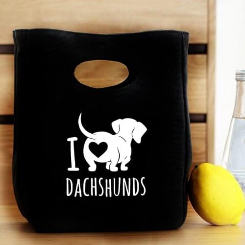 Cute Dachshund Dog Printing Reusable Lunch Pouch High Capacity Canvas Thermal Picnic Tote Functional Travel Eco Kids Lunch Box